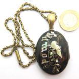 Rare Victorian Pompeii souvenir mother of pearl and tortoiseshell locket with chain. P&P Group 1 (£