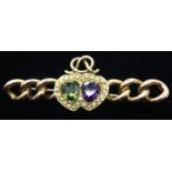 9ct rose gold amethyst peridot and seed pearl double heart brooch, L: 5 cm, 3.6g. P&P Group 1 (£14+