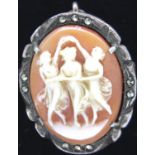 Silver and marcasite mounted Three Graces cameo brooch. P&P Group 1 (£14+VAT for the first lot