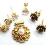 Three pairs of 9ct gold stone set earrings and a small gold pendant, 3.9g. P&P Group 1 (£14+VAT