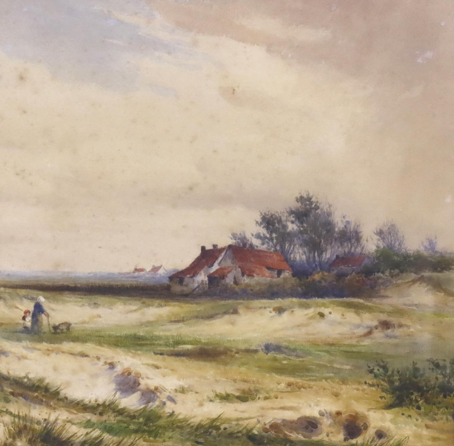 Harry E James (fl 1882-1912) watercolour of a farmhouse landscape with figures, 45 x 30 cm. Not