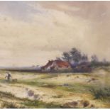 Harry E James (fl 1882-1912) watercolour of a farmhouse landscape with figures, 45 x 30 cm. Not