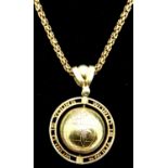 Heavy set American globe pendant necklace marked for 9ct and 10ct gold, 66.5g, chain L: 70 cm. P&P