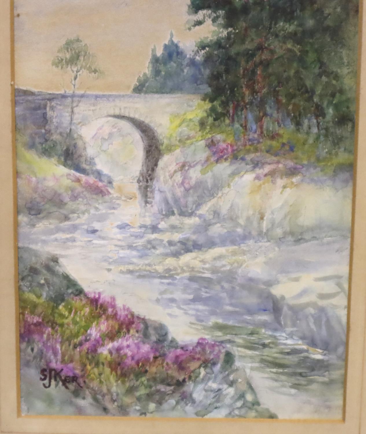 Watercolour of a bridge signed SJ Kerr, 25 x 71 cm. Not available for in-house P&P, contact Paul O'