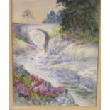 Watercolour of a bridge signed SJ Kerr, 25 x 71 cm. Not available for in-house P&P, contact Paul O'