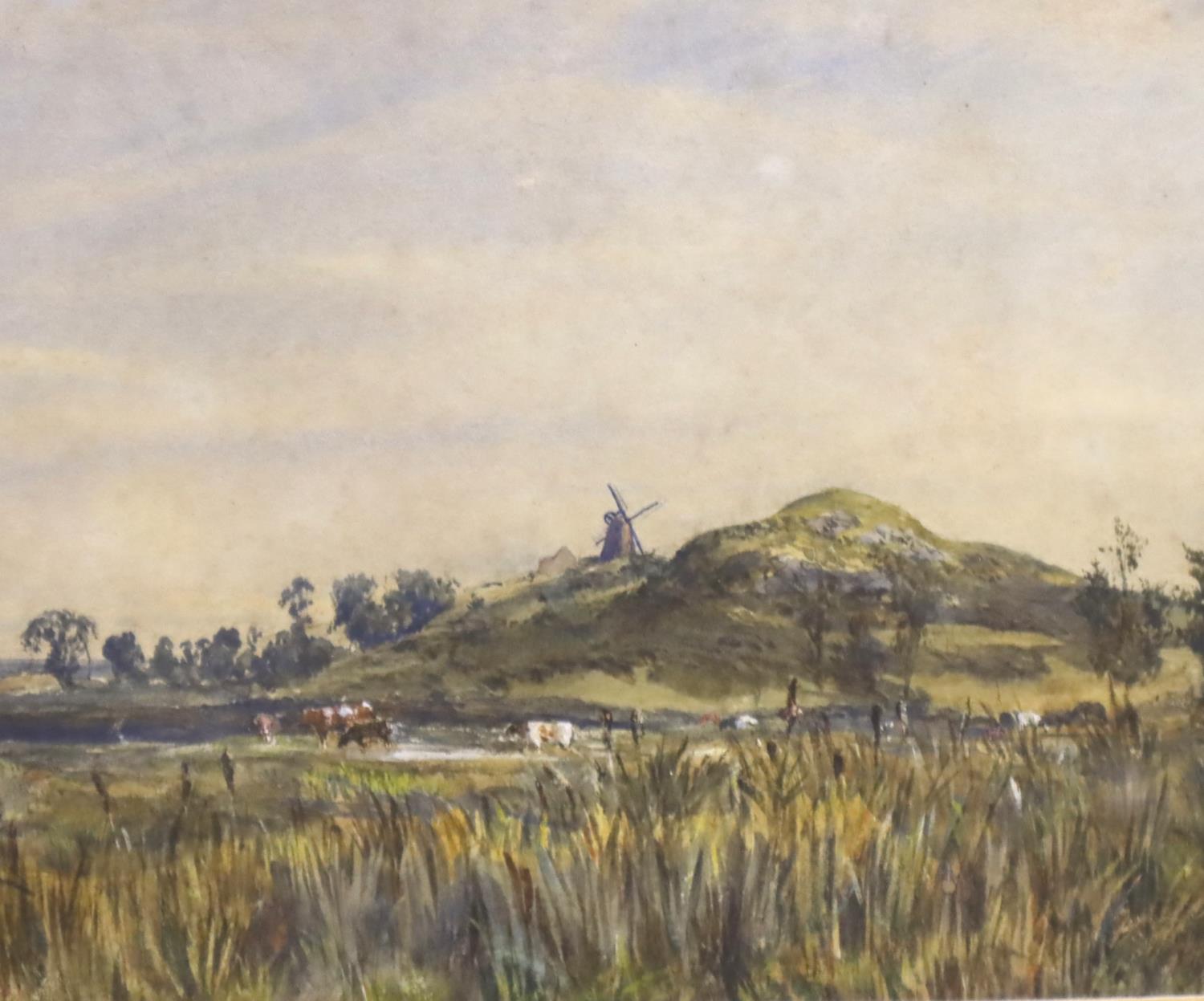 An unattributed Victorian watercolour, landscape with castle and windmill, 34 x 19 cm. Not available