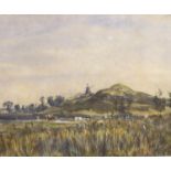 An unattributed Victorian watercolour, landscape with castle and windmill, 34 x 19 cm. Not available