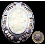 Large oval hallmarked silver and carved ivory brooch, 9 x 7 cm, 62g. P&P Group 1 (£14+VAT for the