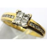 18ct gold and diamond four stone diamond ring with diamond shoulders in goldsmiths box, size N, 3.