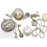 Collection of 925 silver and white metal pendants, brooch etc. P&P Group 1 (£14+VAT for the first