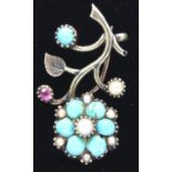 Small presumed gold Victorian pearl and turquoise set brooch, brooch L: 28 mm, 2.8g. P&P Group 1 (£