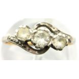 9ct gold three white stone ring, size L/M 1.7g. P&P Group 1 (£14+VAT for the first lot and £1+VAT