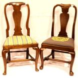 Two 19th century mahogany and walnut framed chairs, each with drop in seats, one with damage to back