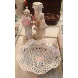 A small ceramic bowl in the form of a basket and a large figurine. Not available for in-house P&P,