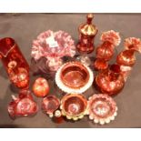 Thirteen pieces of Victorian cranberry glassware, tallest piece H: 20 cm. Not available for in-house