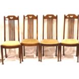 A set of four oak Arts and Crafts period high back dining chairs, each with drop in seats, H: 108