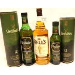 Bottle and half bottle Glenfiddich 12 years old whisky and a 1L bottle of Bells. P&P Group 3 (£25+