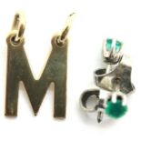 9ct gold letter M and a silver pair of earrings. P&P Group 1 (£14+VAT for the first lot and £1+VAT
