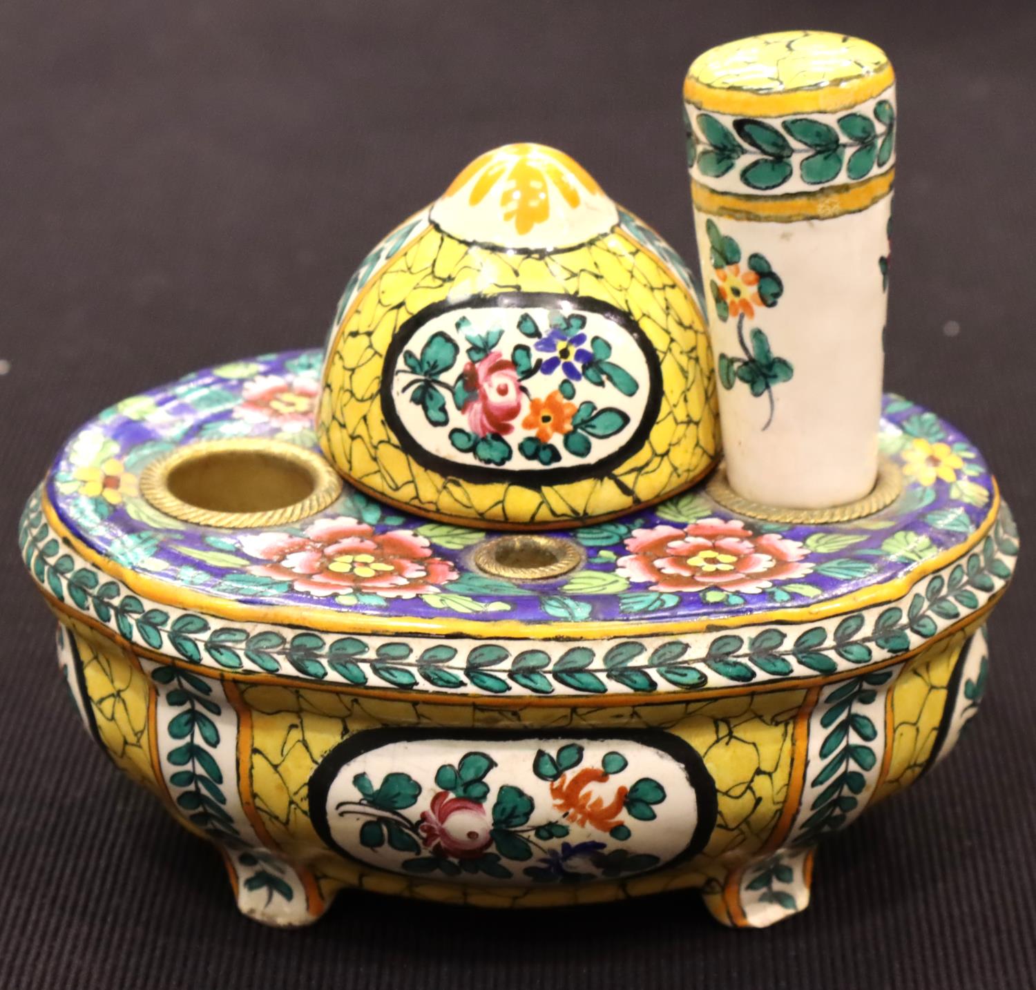 Vintage Italian faiance covered ceramic inkwell, with seal stamp and glass liner, L: 14cm. P&P Group