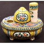 Vintage Italian faiance covered ceramic inkwell, with seal stamp and glass liner, L: 14cm. P&P Group
