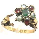 Enamelled pearl and garnet set 15ct gold ring 1.7g, cut. P&P Group 1 (£14+VAT for the first lot