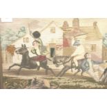 19th century framed wool tapestry of figures and donkey, 75 x 60 cm. Not available for in-house P&P,