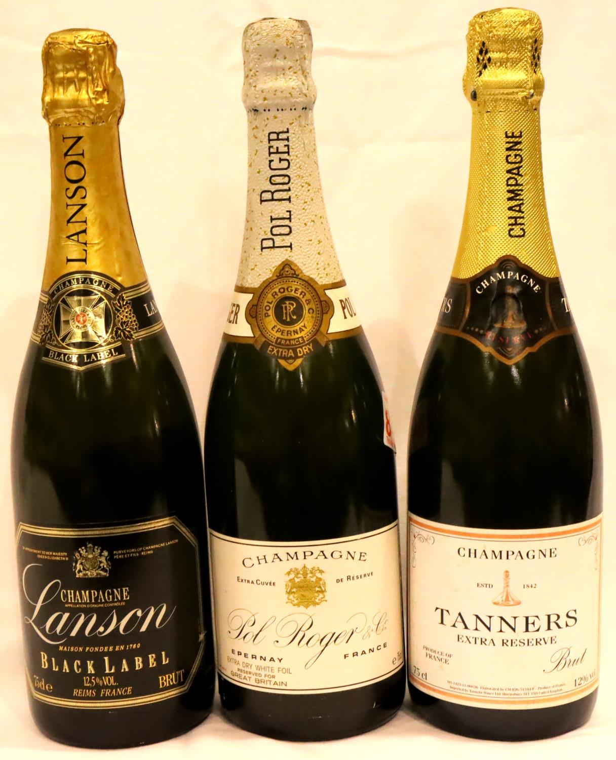 Three bottles of NV Champagne Tanners Pol Roger and Lanson. P&P Group 3 (£25+VAT for the first lot