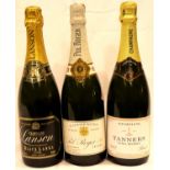 Three bottles of NV Champagne Tanners Pol Roger and Lanson. P&P Group 3 (£25+VAT for the first lot