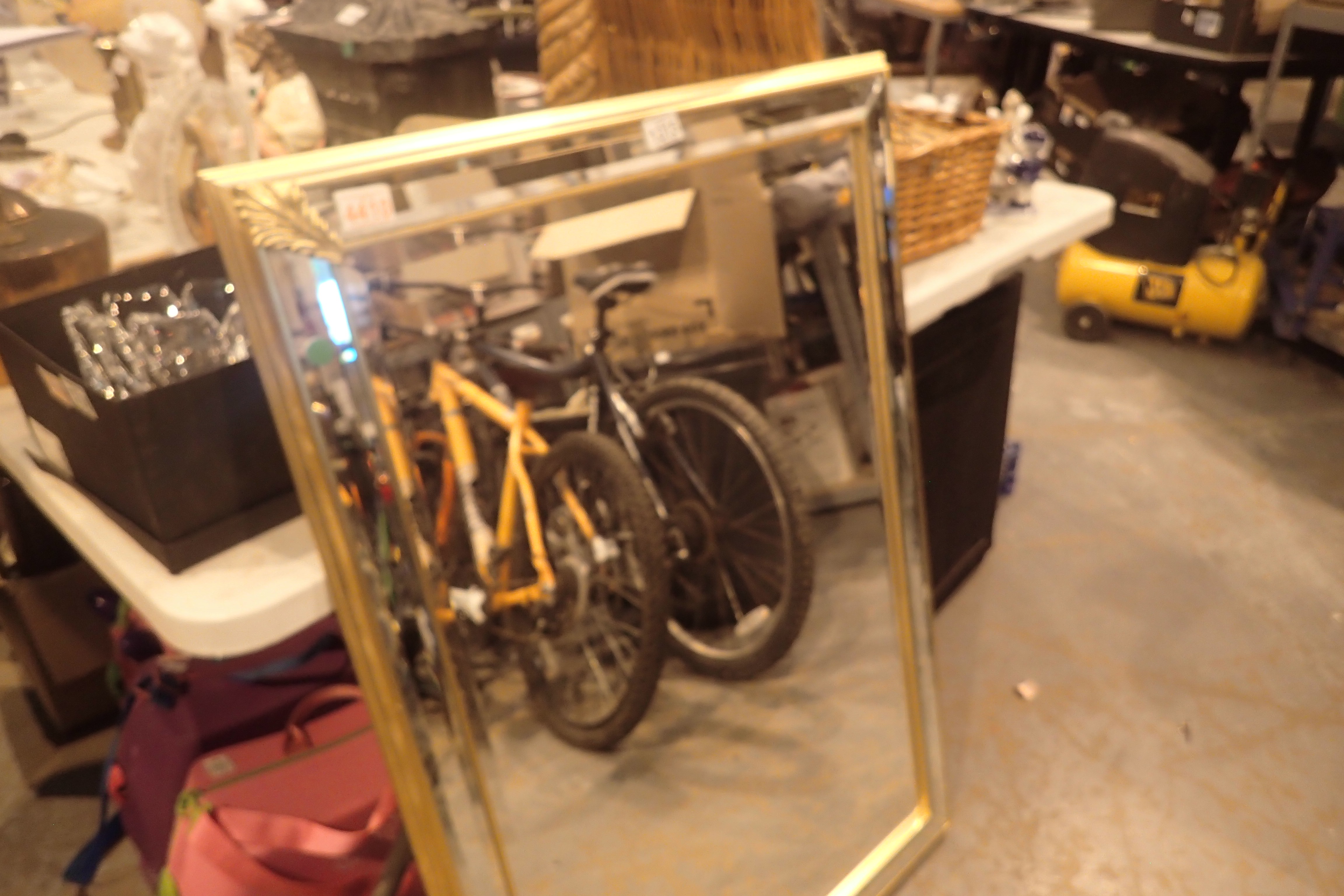 Glass and gilt framed wall mirror, 102 x 42 cm. Not available for in-house P&P, contact Paul O'Hea