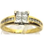 18ct gold and diamond four stone diamond ring with diamond shoulders in Goldsmiths box, size N, 3.