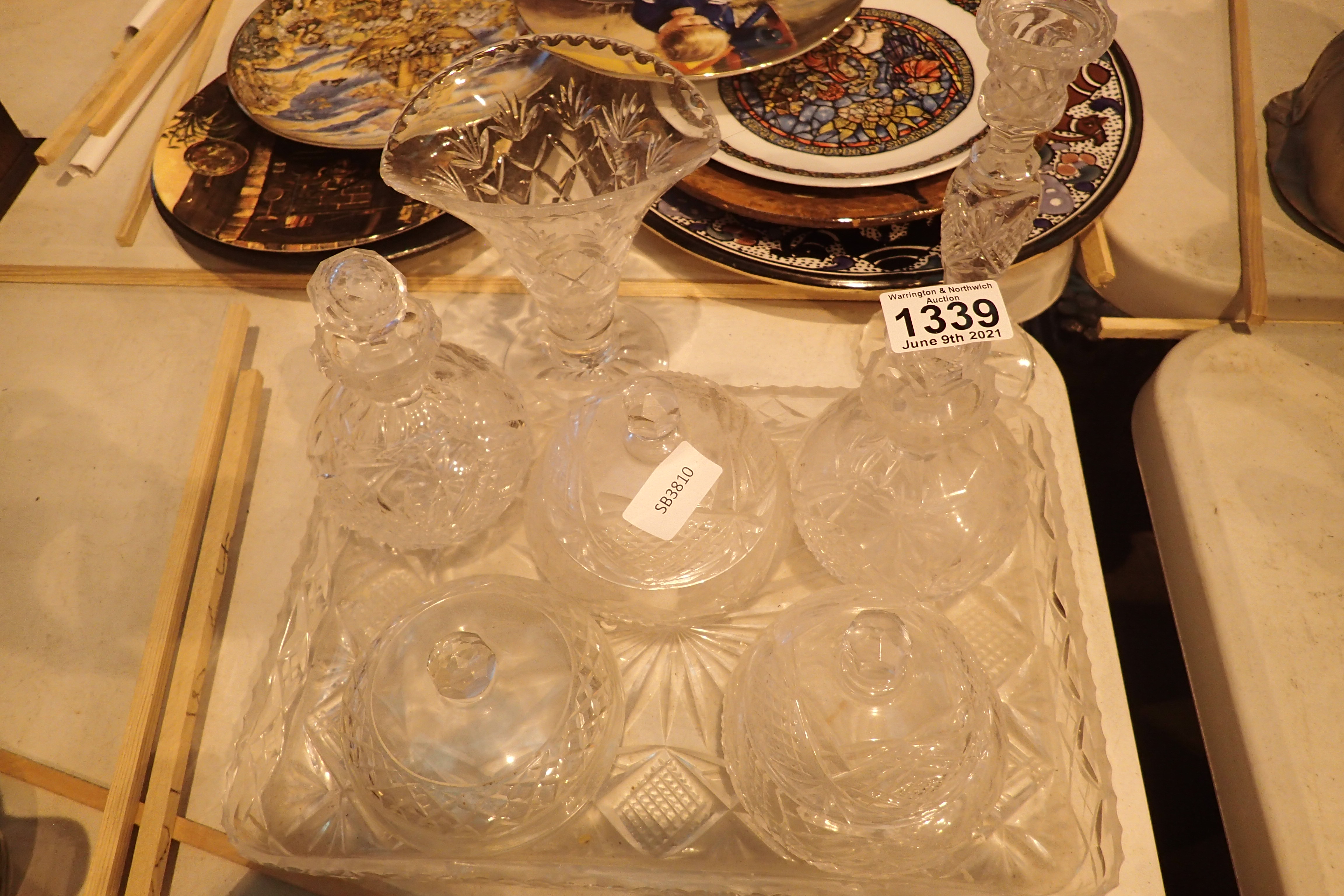 Glass dressing table set with vase and candle holder. Not available for in-house P&P, contact Paul