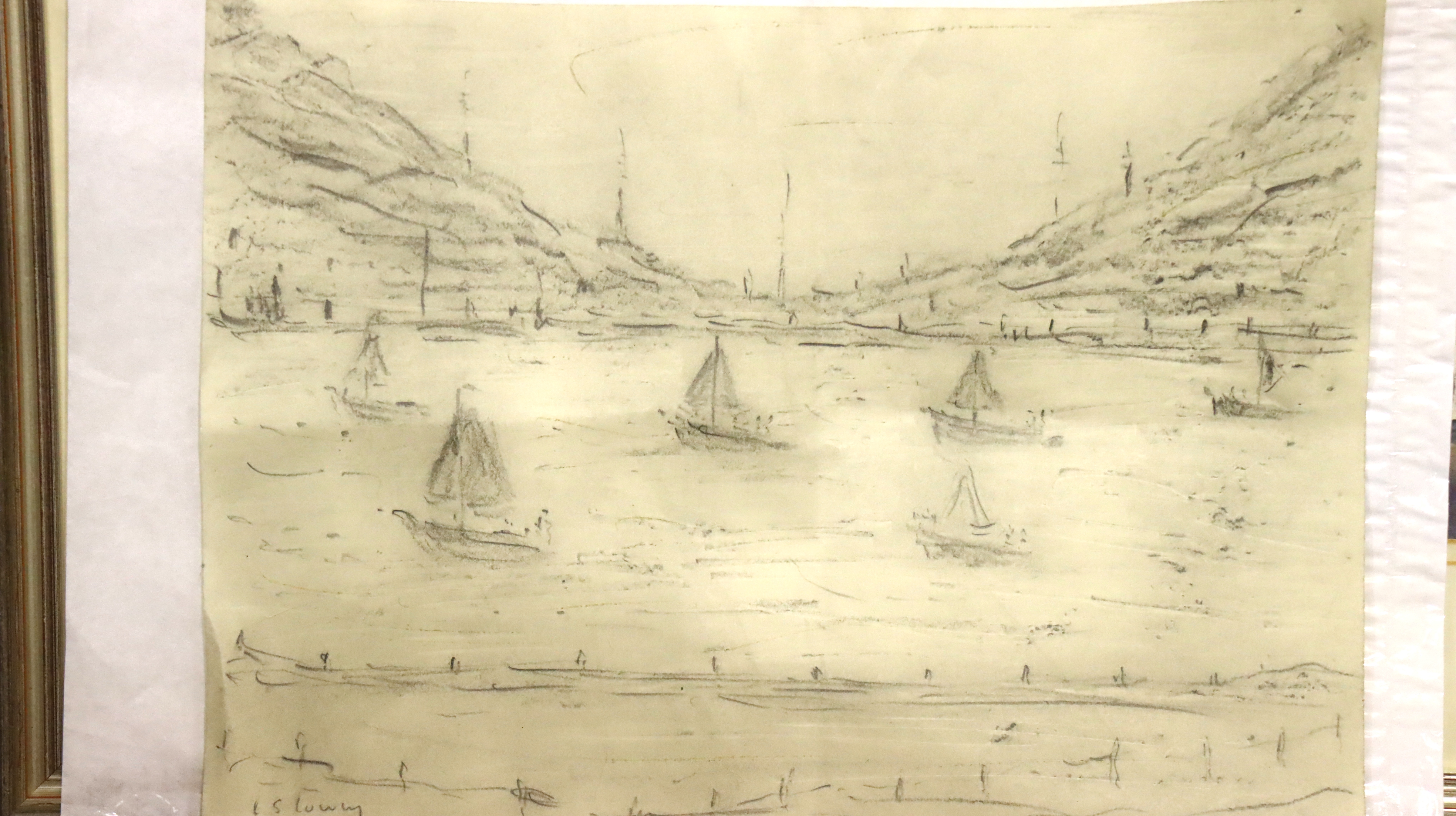 A modern Lowry style pencil sketch, signed with additional sketch verso, 35 x 25 cm. Not available - Image 2 of 3