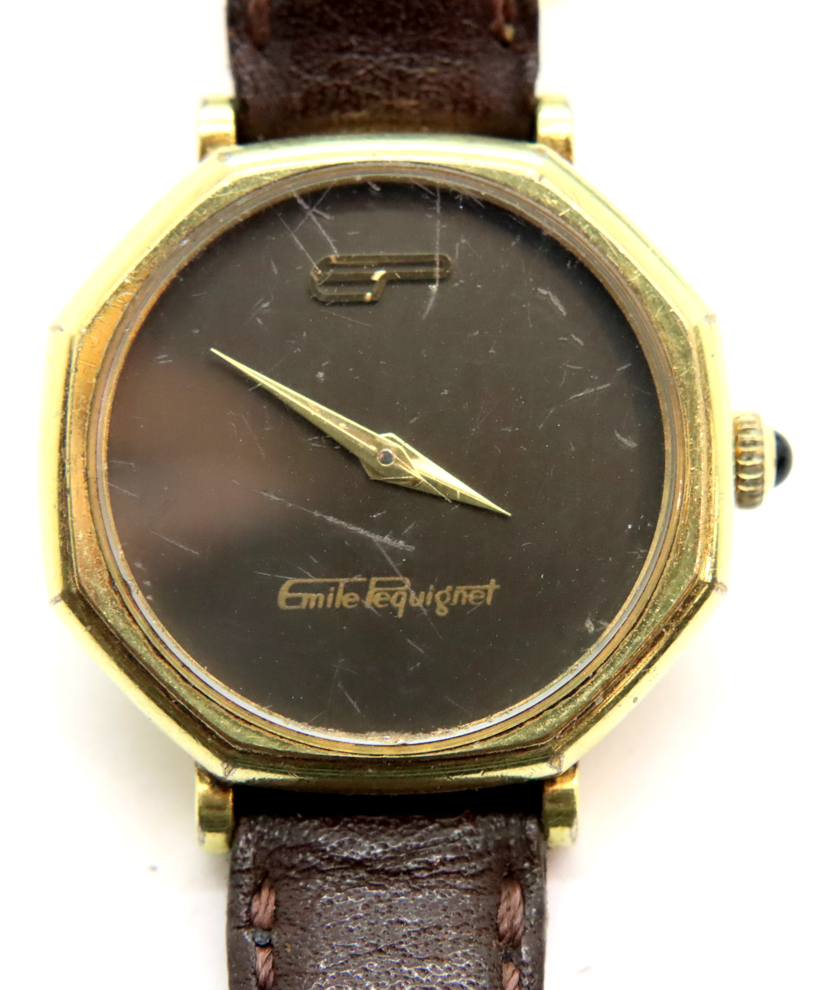 Emile Pequignet ladies Swiss wristwatch with octagonal face, black dial, gold hands on original