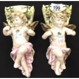 Pair of cherub wall pockets, H: 22.5 cm. Not available for in-house P&P, contact Paul O'Hea at