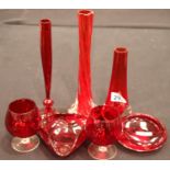 Seven pieces of 20th Century red glass. Not available for in-house P&P, contact Paul O'Hea at