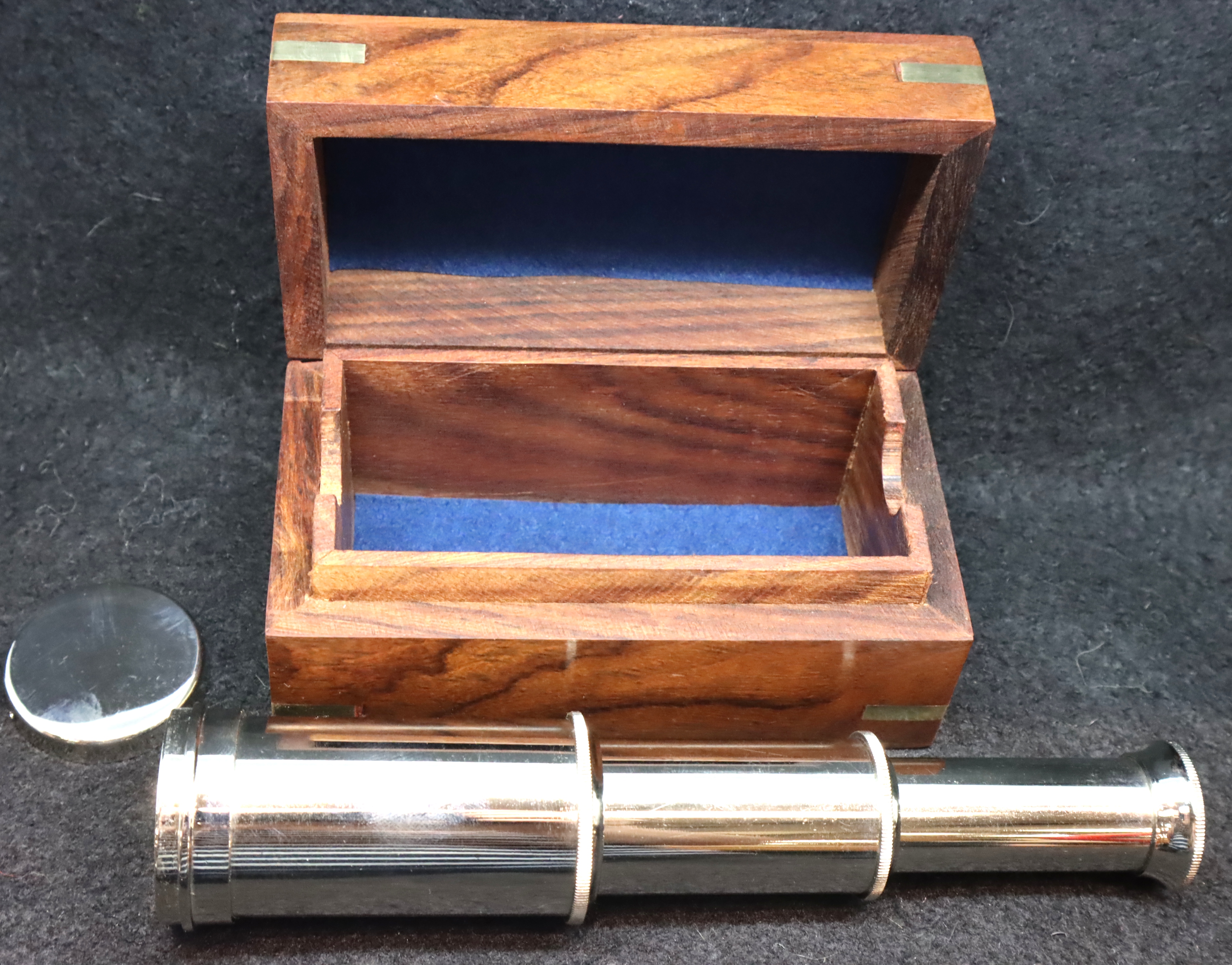 Wooden cased brass chrome telescope. P&P Group 1 (£14+VAT for the first lot and £1+VAT for