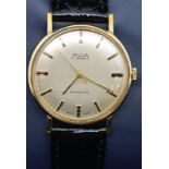 Avia vintage mechanical 9ct gold wristwatch on black leather strap, working at lotting with original