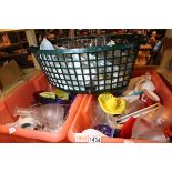 Two large boxes of household, glasses, cups etc and a large basket of similar items. Not available