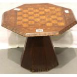 Scratch built inlaid chess top table. 43 x 43 x 32 cm H. Not available for in-house P&P, contact