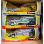 3x Assorted Burago F1 1:24 Die Cast Cars - Boxes Worn. P&P Group 1 (£14+VAT for the first lot and £