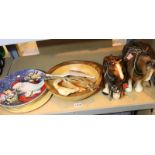 Mixed lot to include two ceramic shire horses, treen items and a large Christmas plate. Not