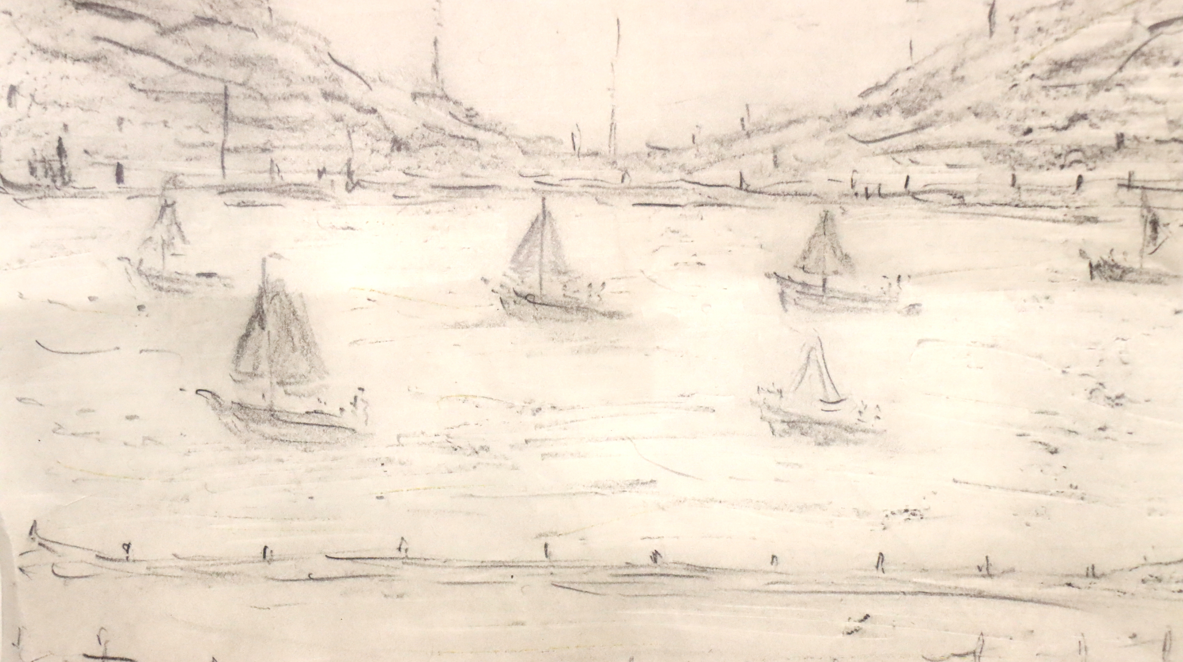 A modern Lowry style pencil sketch, signed with additional sketch verso, 35 x 25 cm. Not available