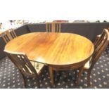 Georgian inlaid dining table with five chairs, Extra leaf with brass fittings mahogany, 185 x 113