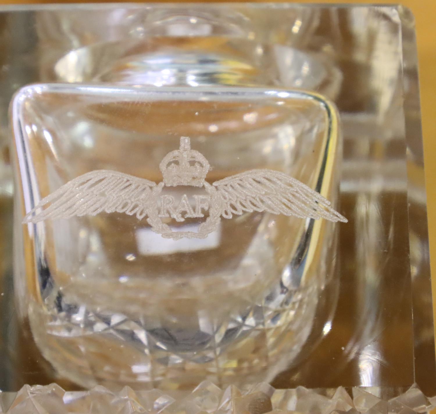 British WWII glass inkwell, engraved with RAF logo, 11 x 6 x 7 cm H. P&P Group 2 (£18+VAT for the - Image 2 of 2