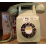 Green, wall phone, retro push button telephone replica of the 1970s classic, compatible with