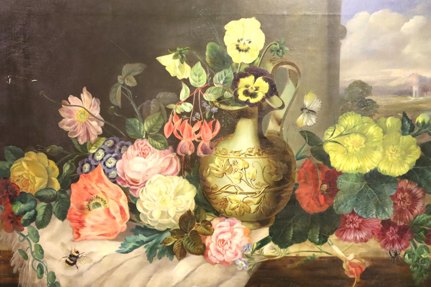 S COPE (19th century) oil on canvas, a still life scene with insects among floral arrangement, dated