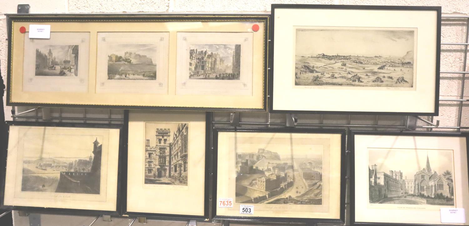 Edinburgh, a selection of antiquarian prints and signed etchings and two views of Pembroke