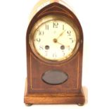 Edwardian inlaid mahogany mantel clock of Lancet form, enamelled dial and bevelled display panel, H: