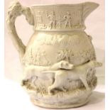 Large Masons Ironstone jug with relief decoration of hunting dogs, H: 27 cm. Not available for in-