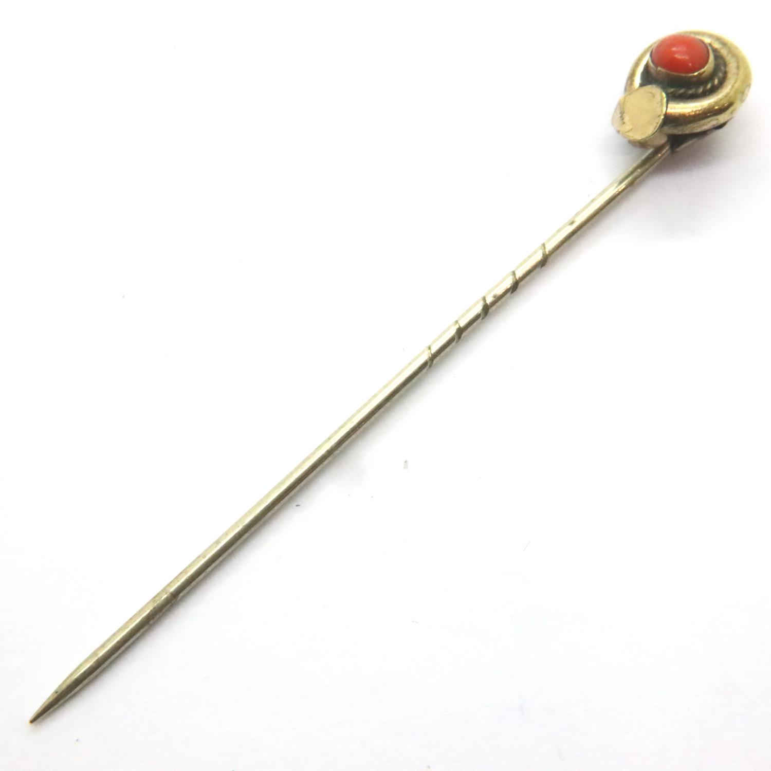 Coral set pinchbeck stick pin, L: 70 mm. P&P Group 1 (£14+VAT for the first lot and £1+VAT for - Image 3 of 3